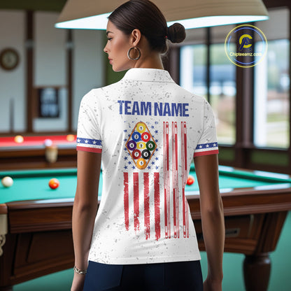 Back view of woman wearing a white patriotic 9 ball pool shirt in a billiards hall.