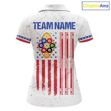 Load image into Gallery viewer, White American flag 9 ball billiard polo shirt for women with patriotic pool team graphics.