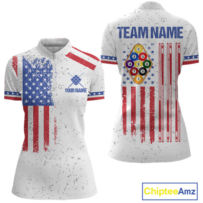 White American flag 9 ball billiard quarter zip shirt for women built for tournaments and league play.