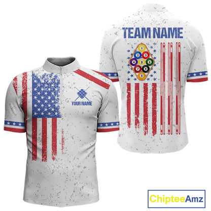 White American flag 9 ball billiard quarter zip shirt for men built for tournaments and league play.