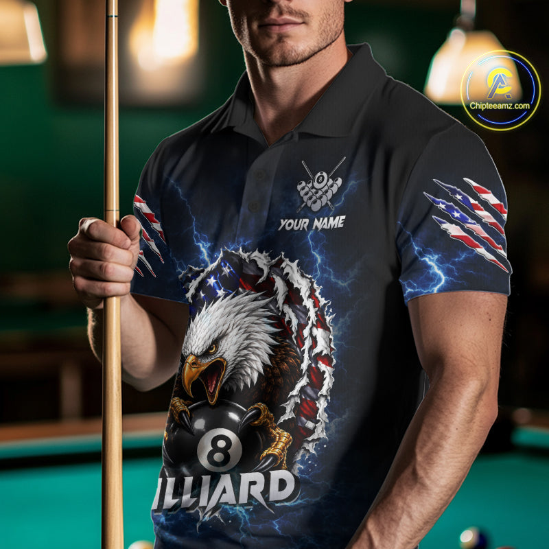 Blue lightning American flag eagle 8 ball billiard quarter zip shirt for men designed for league tournaments and team events.