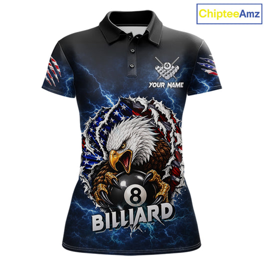 Blue lightning American flag eagle 8 ball billiard polo shirt for women with patriotic pool team graphics.