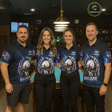 Load image into Gallery viewer, Back view of man wearing a blue lightning eagle pool shirt in a billiards hall.