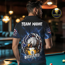 Load image into Gallery viewer, Back view of man wearing a blue lightning eagle patriotic pool shirt in a billiards hall.