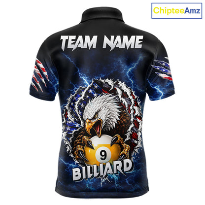 Blue lightning eagle American flag 8 ball and 9 ball billiard polo shirt for men with patriotic pool team graphics.