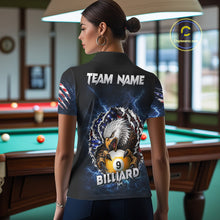 Load image into Gallery viewer, Back view of woman wearing a blue lightning eagle patriotic pool shirt in a billiards hall.