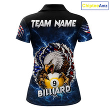 Load image into Gallery viewer, Blue lightning eagle American flag 8 ball and 9 ball billiard polo shirt for women with patriotic pool team graphics.