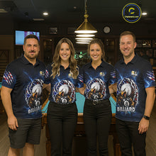 Load image into Gallery viewer, Pool team wearing matching blue lightning eagle 8 ball and 9 ball billiard jerseys during tournament play front view.