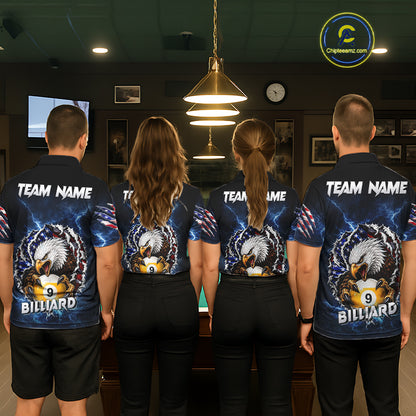Back view of pool players wearing matching blue lightning eagle billiard shirts in a game room.