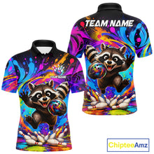 Load image into Gallery viewer, Funny colorful raccoon bowling team jersey polo shirt for men, custom bowling league apparel with playful raccoon design and vibrant colors.