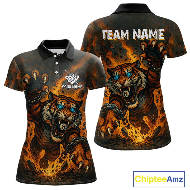 Personalized 8 Ball Tiger Fire Billiard Shirt For Women Custom Pool Team Jersey Polo & 1/4 Zip TDM4538