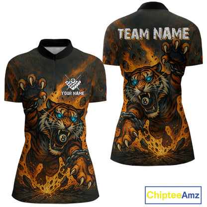 Personalized 8 Ball Tiger Fire Billiard Shirt For Women Custom Pool Team Jersey Polo & 1/4 Zip TDM4538