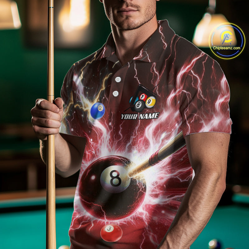 Thunder Lightning Strike 8 Ball Men Billiard Shirts Custom Red Billiard League Pool Team Jersey TDM4545