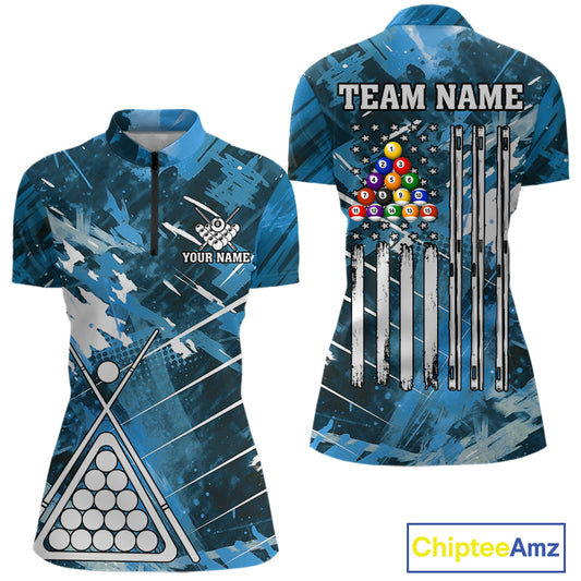 Blue Grunge US Flag Billiard Shirt For Women Custom 8 Ball Pool Team Shirt, Funny Billiard Jersey TDM4971