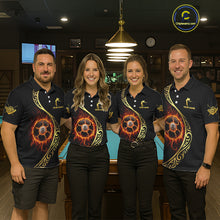 Load image into Gallery viewer, Personalized 8 Ball Fire Gold Tribal Billiard Shirt For Men, Billiard Jersey Team Polo &amp; 1/4 Zip TDM5401