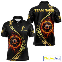 Load image into Gallery viewer, Personalized 8 Ball Fire Gold Tribal Billiard Shirt For Men, Billiard Jersey Team Polo &amp; 1/4 Zip TDM5401