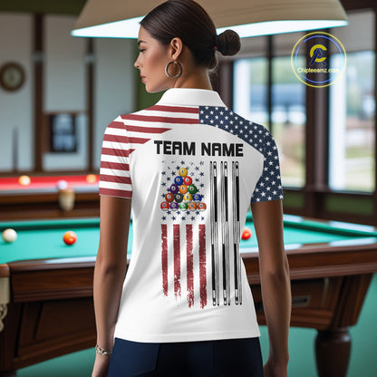 White Grunge American Flag Billiard Shirt For Women Custom Patriotic 8 Ball Pool Team Jersey TDM5687