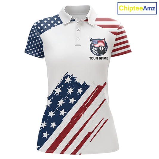 White Grunge American Flag Billiard Shirt For Women Custom Patriotic 8 Ball Pool Team Jersey TDM5687
