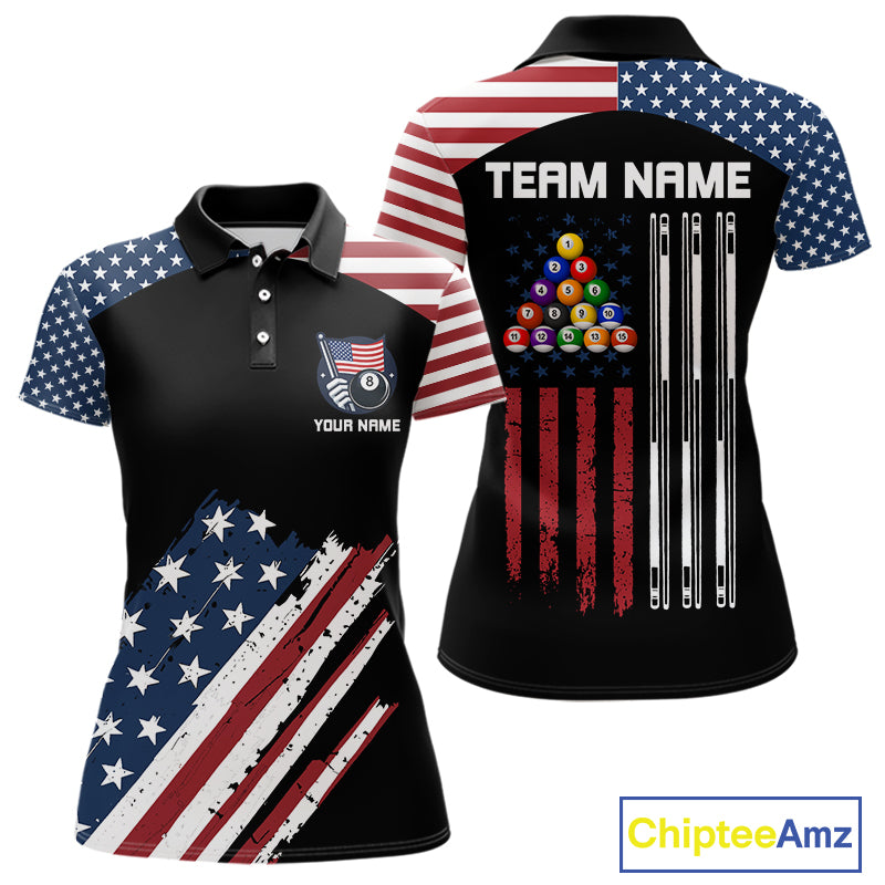 Black Grunge American Flag Billiard Shirt For Women Custom Patriotic 8 Ball Pool Team Jersey TDM5688
