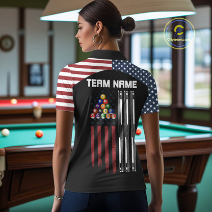 Black Grunge American Flag Billiard Shirt For Women Custom Patriotic 8 Ball Pool Team Jersey TDM5688