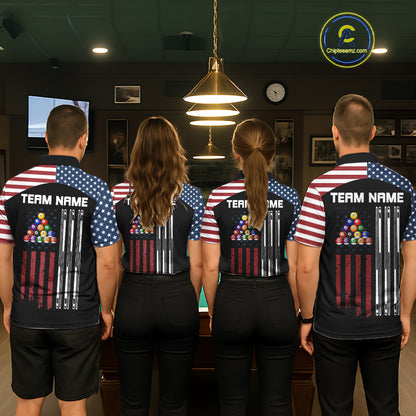 Black Grunge American Flag Billiard Shirt For Men Custom Patriotic 8 Ball Pool Team Jersey TDM5688