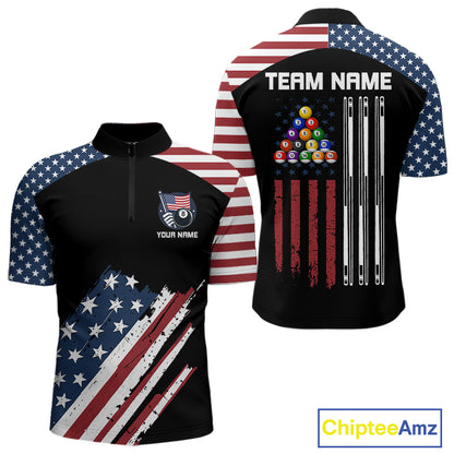 Black Grunge American Flag Billiard Shirt For Men Custom Patriotic 8 Ball Pool Team Jersey TDM5688
