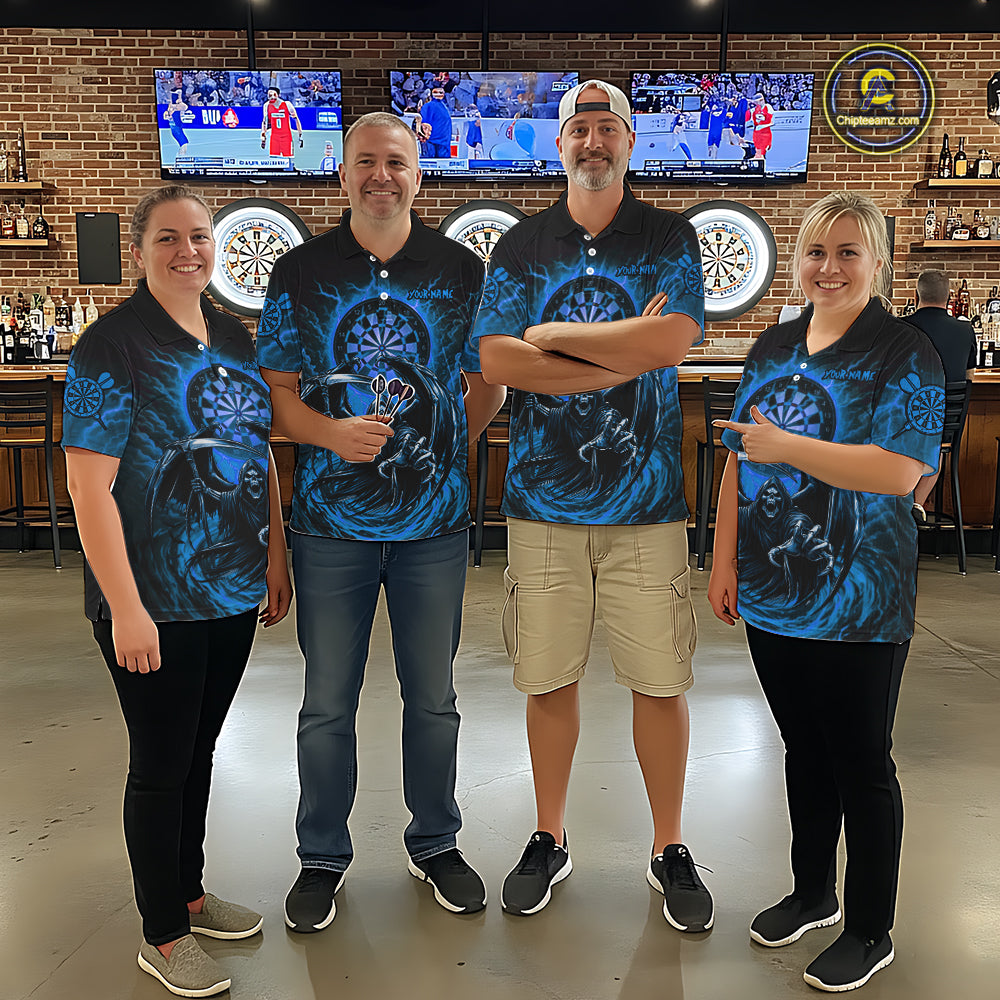 Personalized Blue Grim Reaper Lightning Darts Shirt For Women, Darts Team Jersey Polo & 1/4 Zip TDM5897