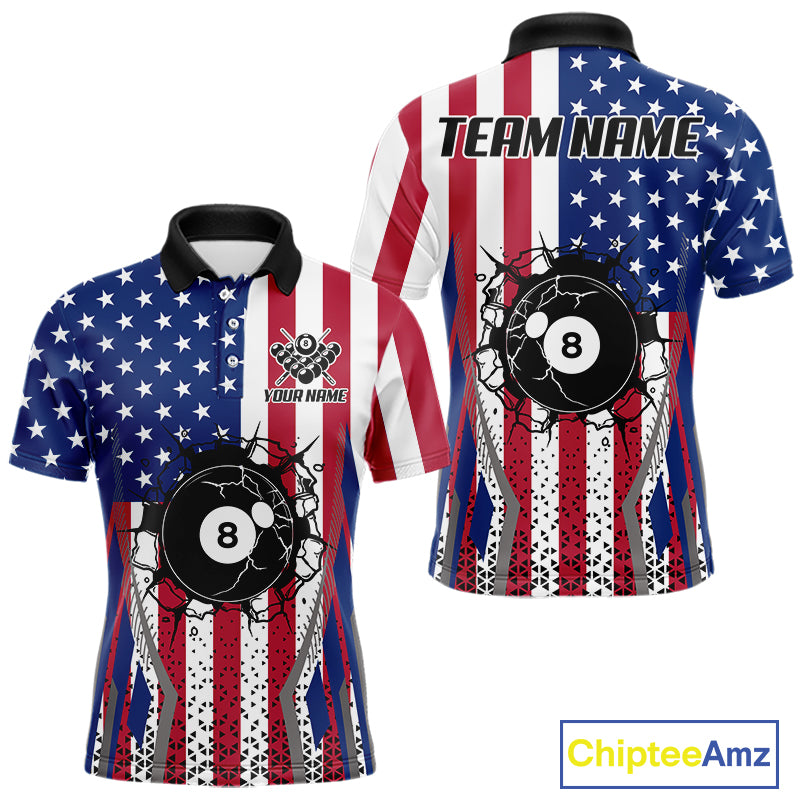 Funny Break 8 Ball Pool Billiard Shirt For Men Custom American Flag Pool Jersey Team Polo, 1/4 Zip TDM6036