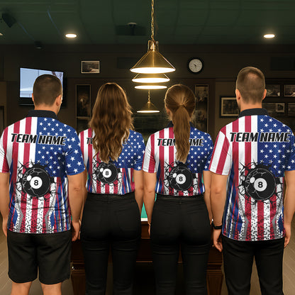 Funny Break 8 Ball Pool Billiard Shirt For Men Custom American Flag Pool Jersey Team Polo, 1/4 Zip TDM6036