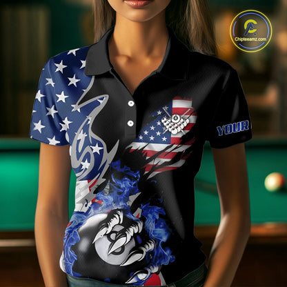 8 Ball Pool Claw American Flag Billiard Shirt For Women Custom Patriotic Billiard Team Jersey|Black TDM6042