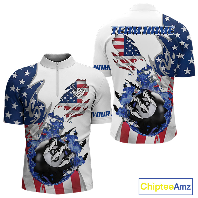 8 Ball Pool Claw American Flag Billiard Shirt For Men Custom Patriotic Billiard Team Jersey|White TDM6043