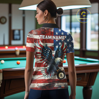 Personalized Vintage American Flag Eagle Billiard Shirt For Women, Patriotic 8 Ball Pool Jerseys TDM4155