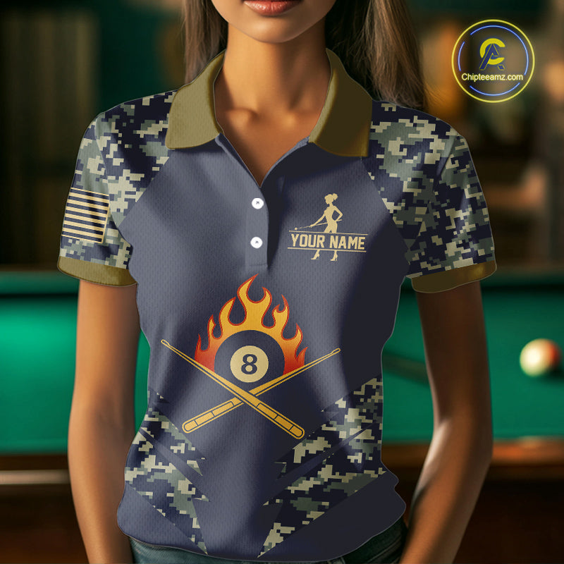 Personalized Flame 8 Ball Camo Billiard Shirts Custom Navy Blue Pool Team Jerseys Polo & 1/4 Zip TDM4332