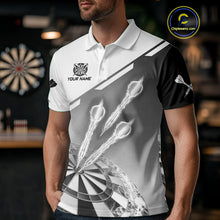 Load image into Gallery viewer, Personalized White And Grey Dart Jersey Polo &amp; 1/4 Zip For Men Custom Dart Shirts Team Uniform TDM4754