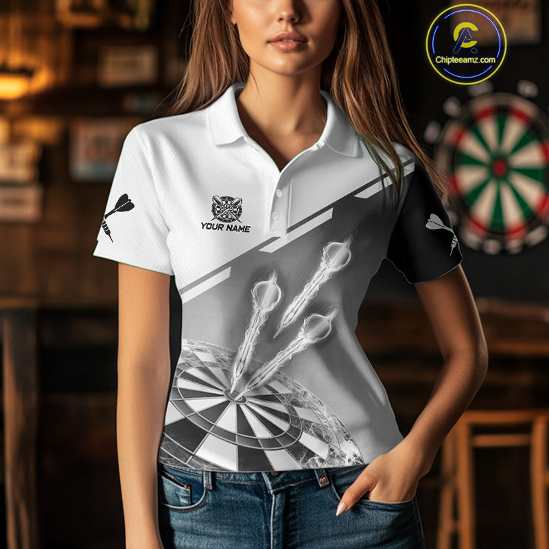 Personalized White And Grey Dart Jersey Polo & 1/4 Zip For Women Custom Dart Shirts Team Uniform TDM4754