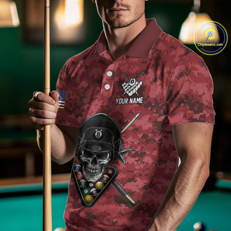 Personalized Red Camo Skull Billiard Shirt For Men Custom Patriotic US Flag Pool Team Jersey TDM5165