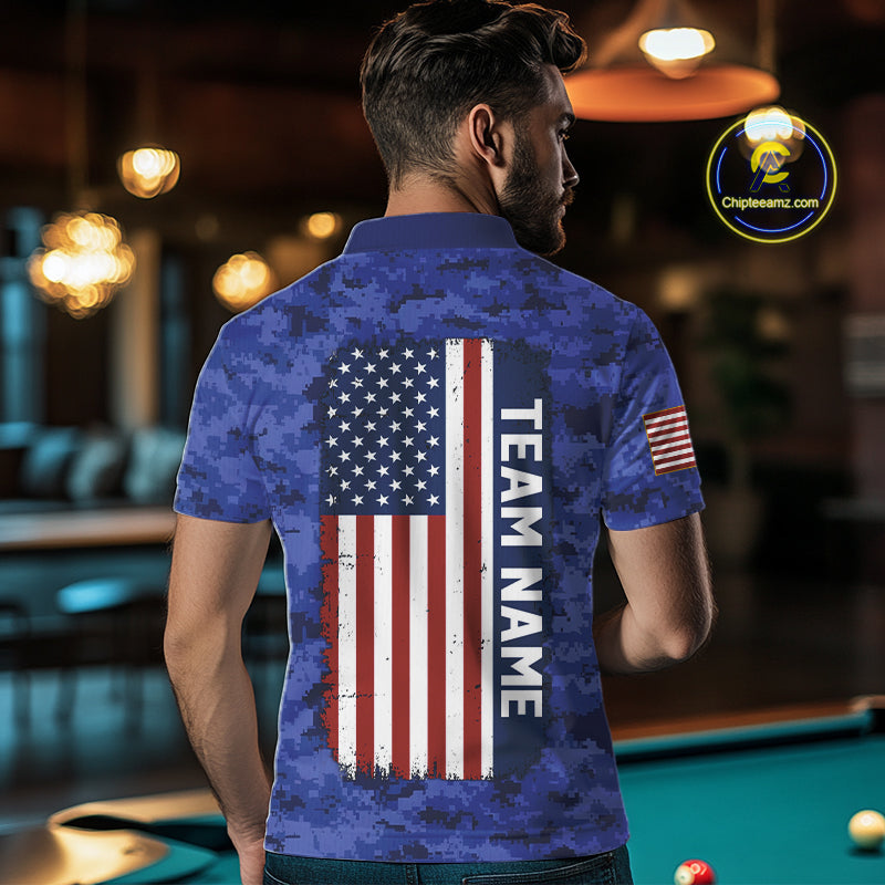 Personalized Blue Camo Skull Billiard Shirt For Men Custom Patriotic US Flag Pool Team Jersey TDM5166