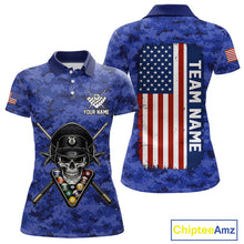 Load image into Gallery viewer, Personalized Blue Camo Skull Billiard Shirt For Women Custom Patriotic US Flag Pool Team Jersey TDM5166