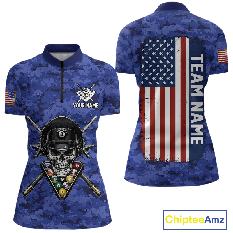 Personalized Blue Camo Skull Billiard Shirt For Women Custom Patriotic US Flag Pool Team Jersey TDM5166