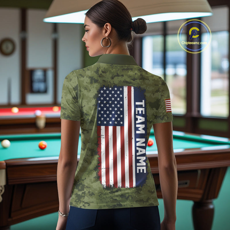 Personalized Military Green Camo Skull Billiard Shirt For Men, Patriotic US Flag Pool Team Jersey TDM5167