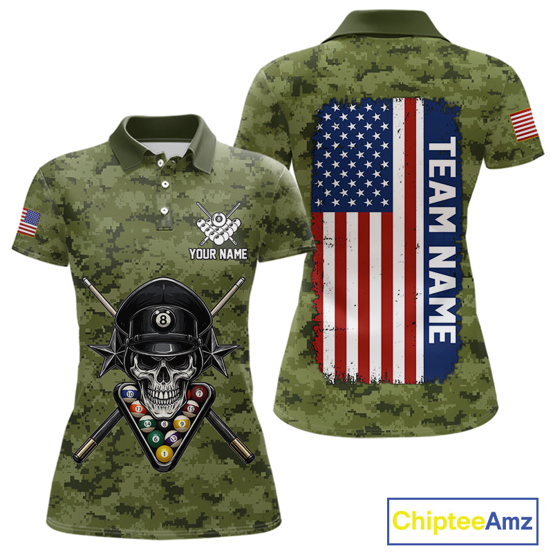 Personalized Military Green Camo Skull Billiard Shirt For Men, Patriotic US Flag Pool Team Jersey TDM5167