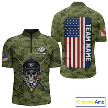 Load image into Gallery viewer, Personalized Military Green Camo Skull Billiard Shirt For Men, Patriotic US Flag Pool Team Jersey TDM5167