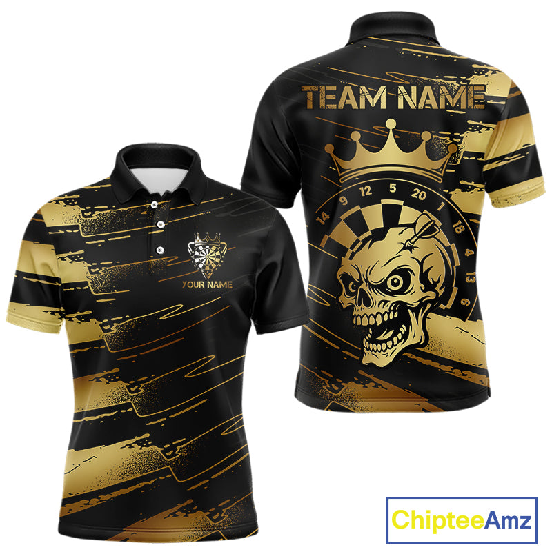 Black And Gold Funny Skull Crown Darts Shirt For Men Custom Dart Jerseys Team Polo & Quarter Zip TDM5168