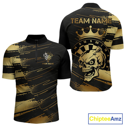 Black And Gold Funny Skull Crown Darts Shirt For Men Custom Dart Jerseys Team Polo & Quarter Zip TDM5168