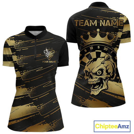 Black And Gold Funny Skull Crown Darts Shirt For Women Custom Dart Jerseys Team Polo & Quarter Zip TDM5168