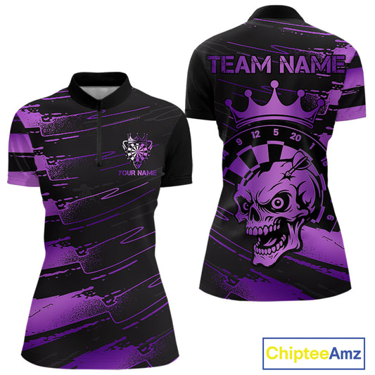 Black And Purple Funny Skull Crown Darts Shirt For Women Custom Dart Jerseys Team Polo & 1/4 Zip TDM5170