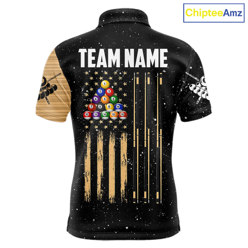 Custom Grunge American Flag 8 Ball Billiard Polo & 1/4 Zip For Men, Pool Team Jersey |Beige TDM5901