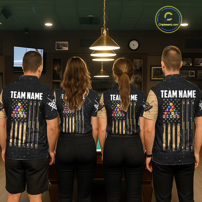 Custom Grunge American Flag 8 Ball Billiard Polo & 1/4 Zip For Women, Pool Team Jersey |Beige TDM5901