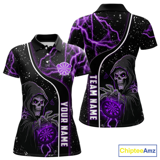 Custom Purple Darts Lightning Grim Reaper Polo & 1/4 Zip, Darts Shirt For Women, Darts Team Jersey TDM6309