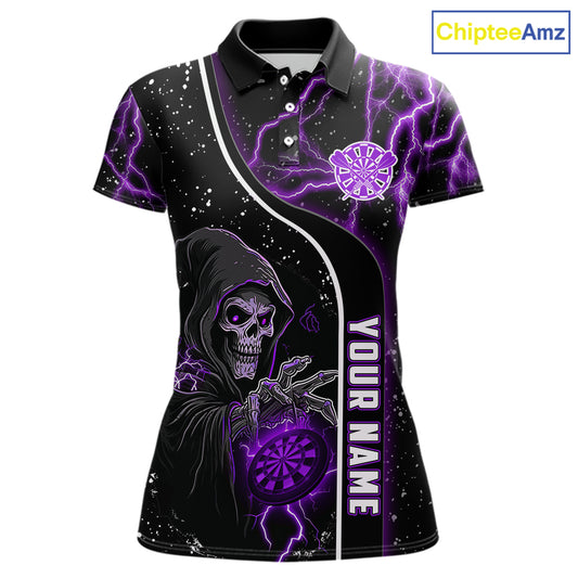 Custom Purple Darts Lightning Grim Reaper Polo & 1/4 Zip, Darts Shirt For Women, Darts Team Jersey TDM6309